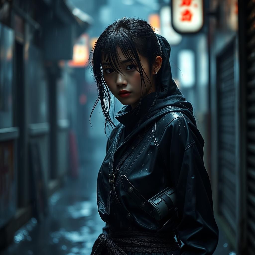 Cyberpunk Ninja Girl in Rain-Soaked Alley