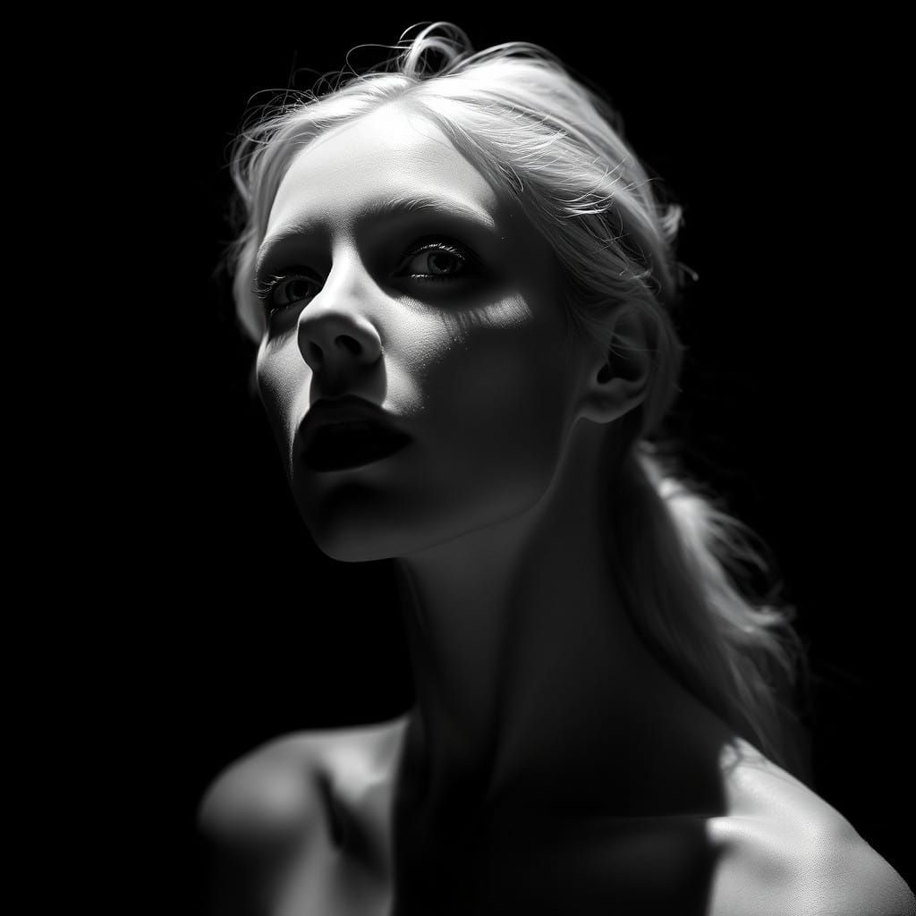 Black and white portrait blonde woman chiaroscuro detailed