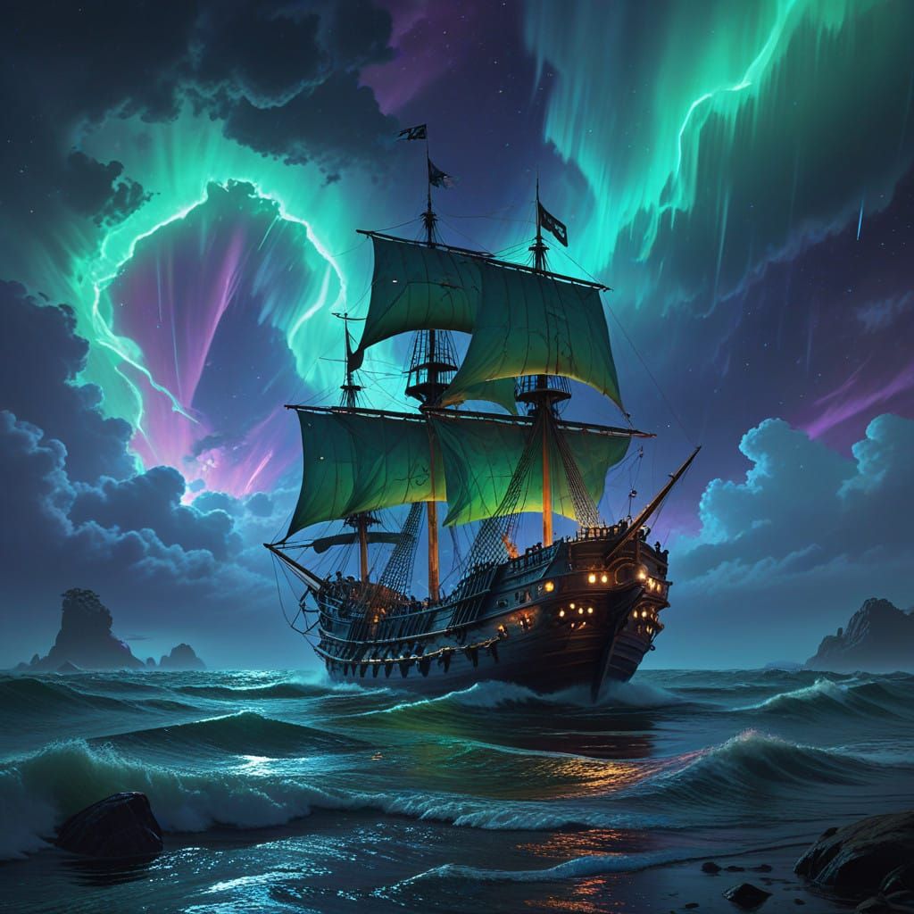 Majestic Pirate Ship Navigates Celestial Aurora Borealis