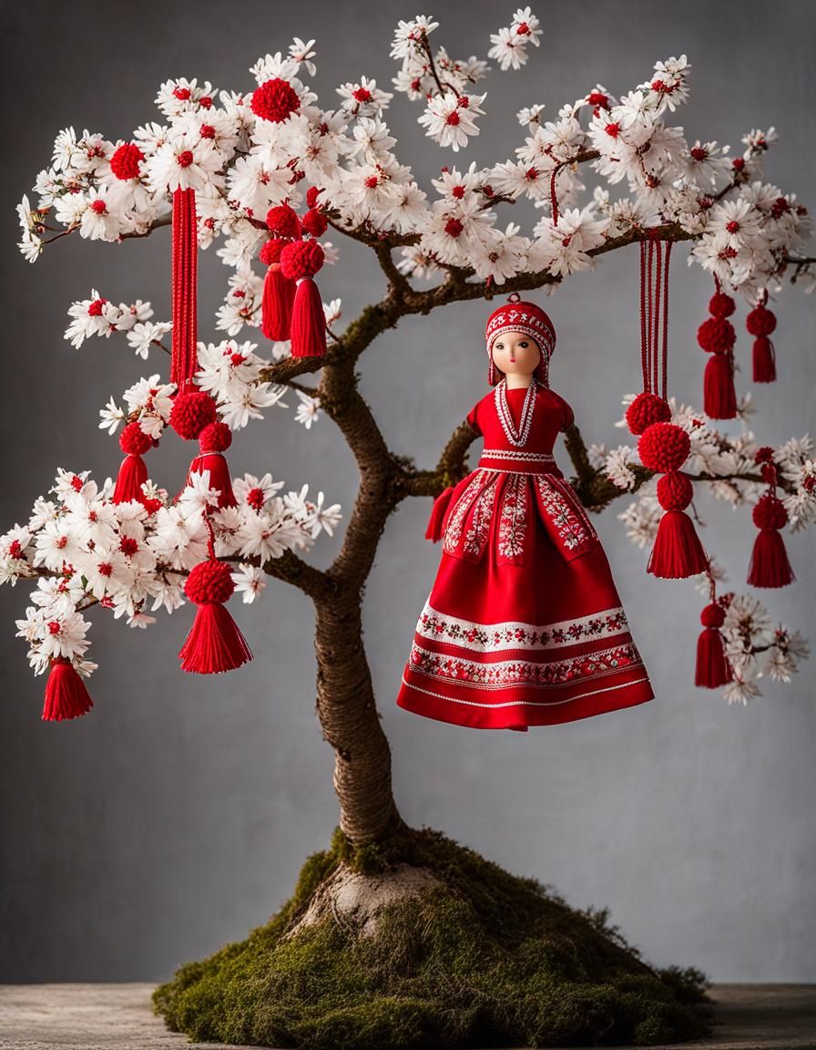 Bulgarian Martenitsi Tree with Red and White Ornaments