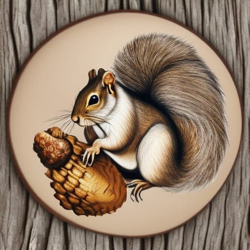 Hyperrealistic Squirrel with Acorn on Log