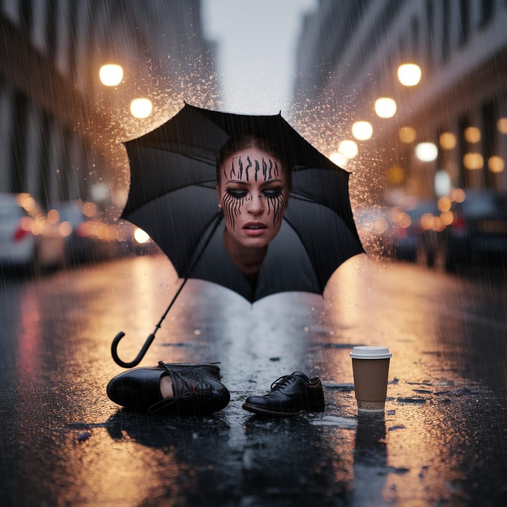 Woman's Tragic Beauty in Urban Downpour
