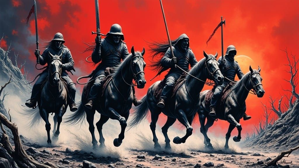 War, Death, Famine, Pestilence, Four Horseman of the Apocalypse <lora:Havok Flux:0.22697> deep color action painting bru...