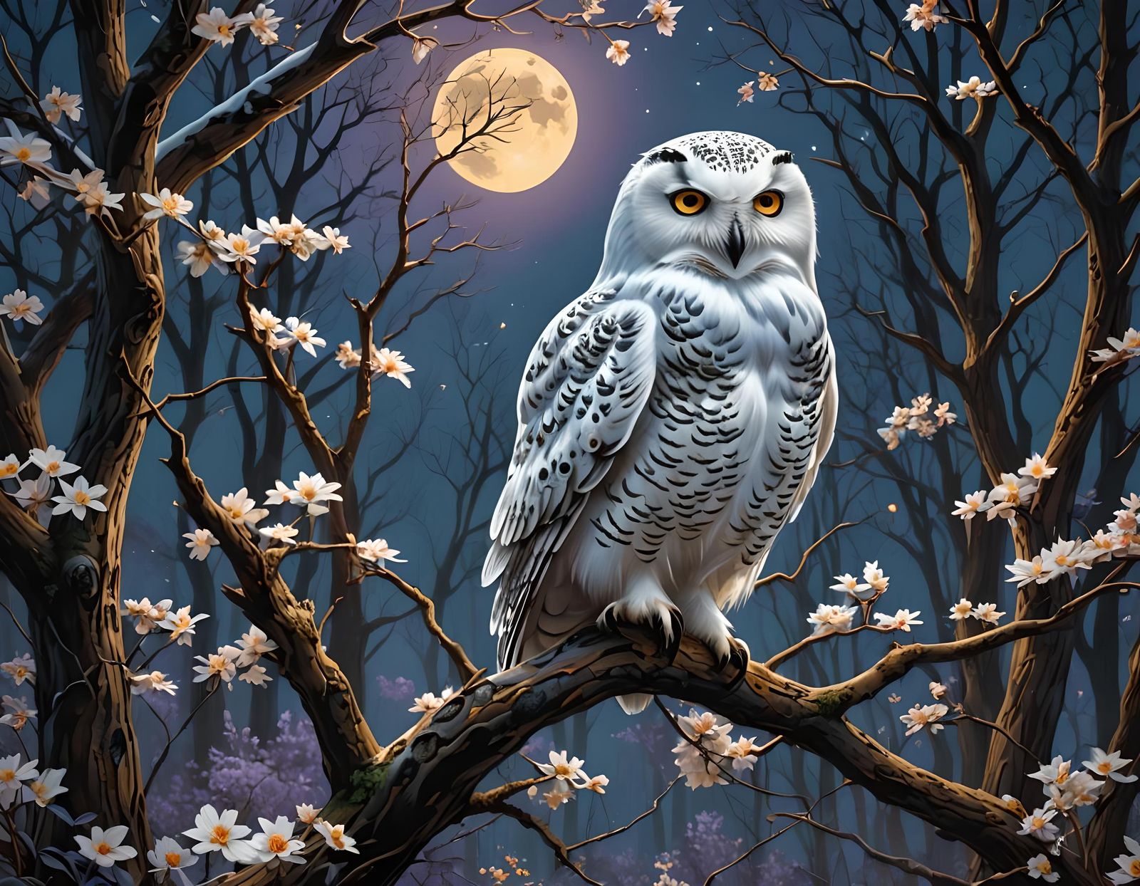 A snowy owl perched on a gnarled tree branch.