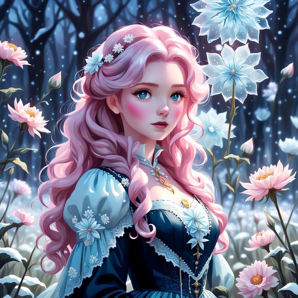 Ice Flower Field with Girl in Victorian Dress