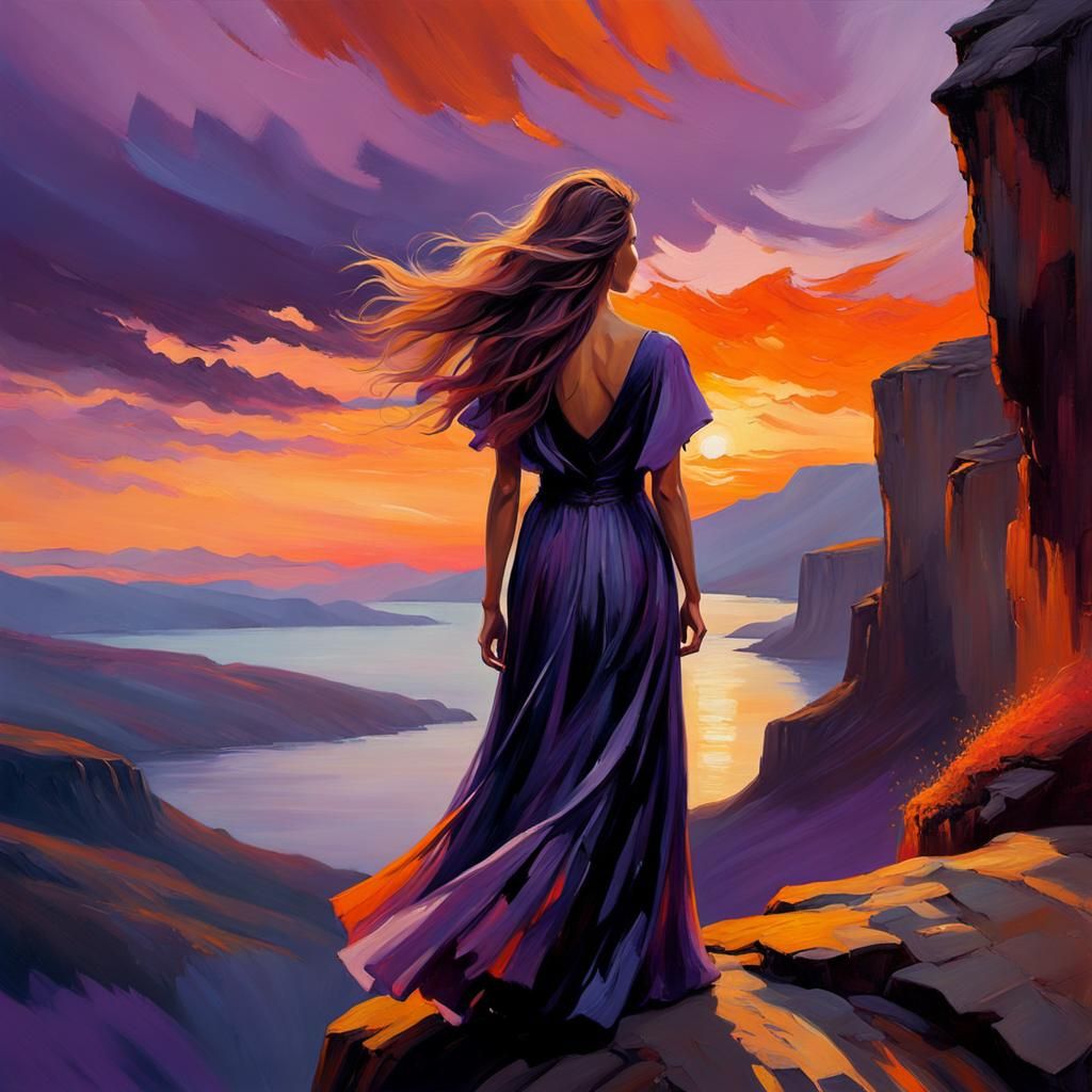 Expressionist Woman on Cliff at Sunset
