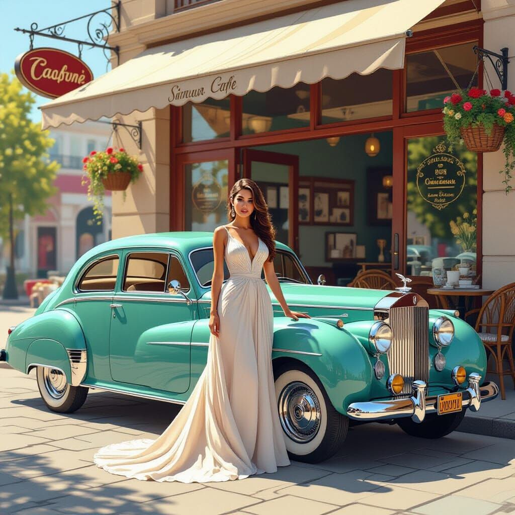 Vintage Woman and Car Outside Charming Cafe