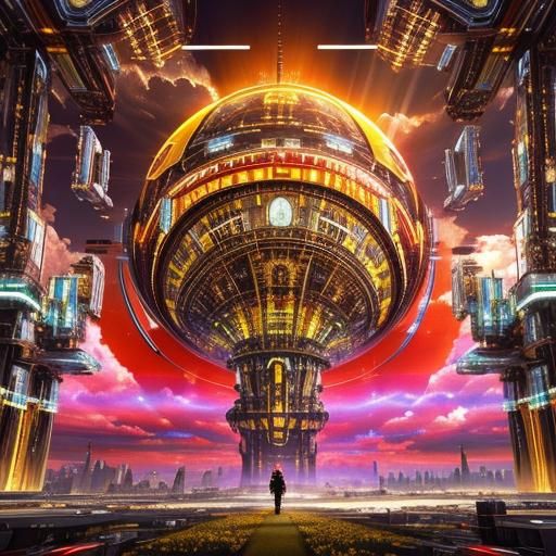 Retrofuturistic Sky with Sunrays and Mirrors