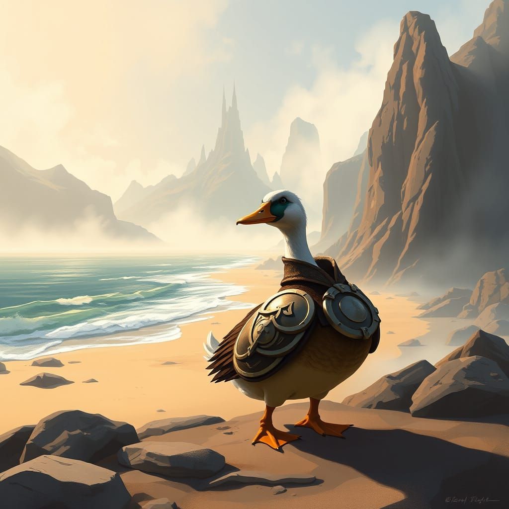 Armored Duck on Akavir Shoreline in Oil Painting Style