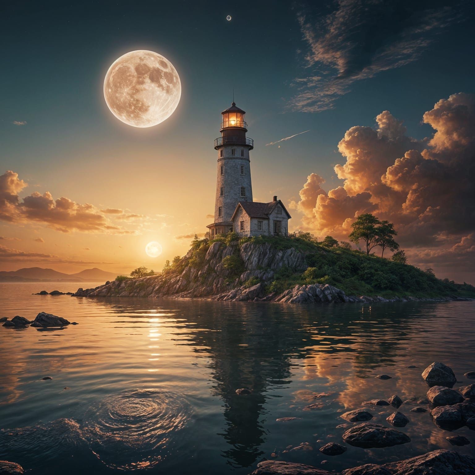 Hyperrealistic Lighthouse on Island in Moonlit Lake