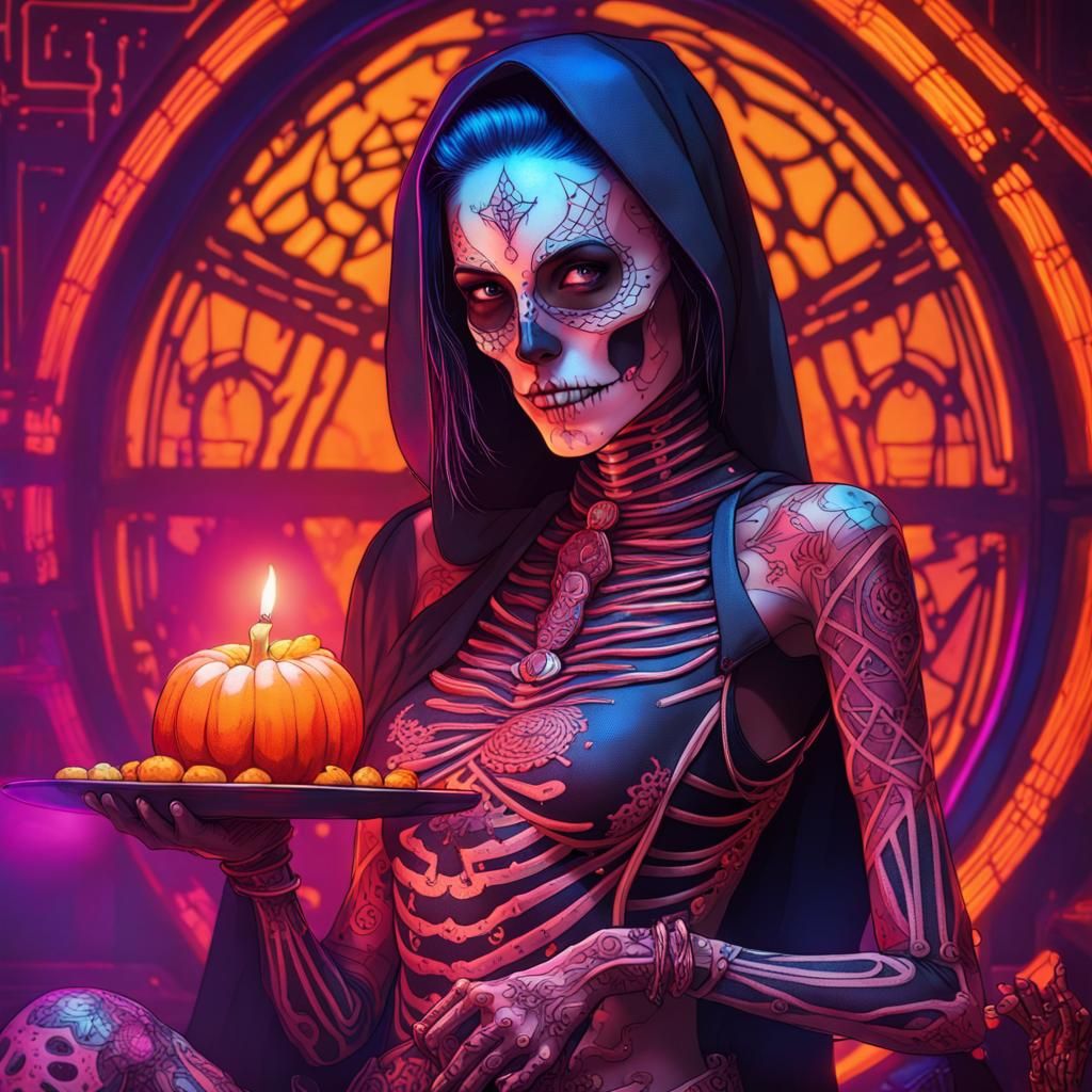 Halloween Mandala with Arabian Princess, Cyberpunk Style