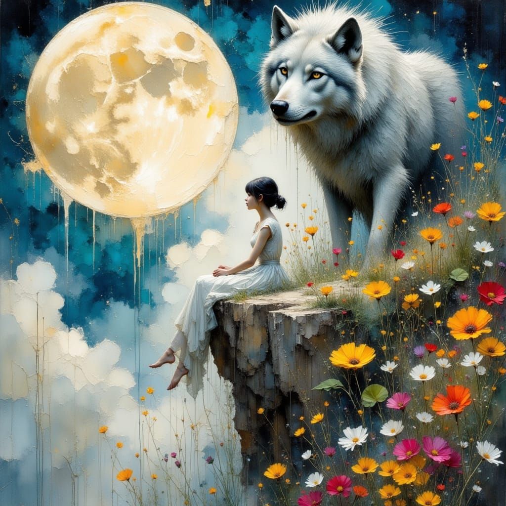 Woman and Wolf on Cliff Under Moon in Impressionist Style