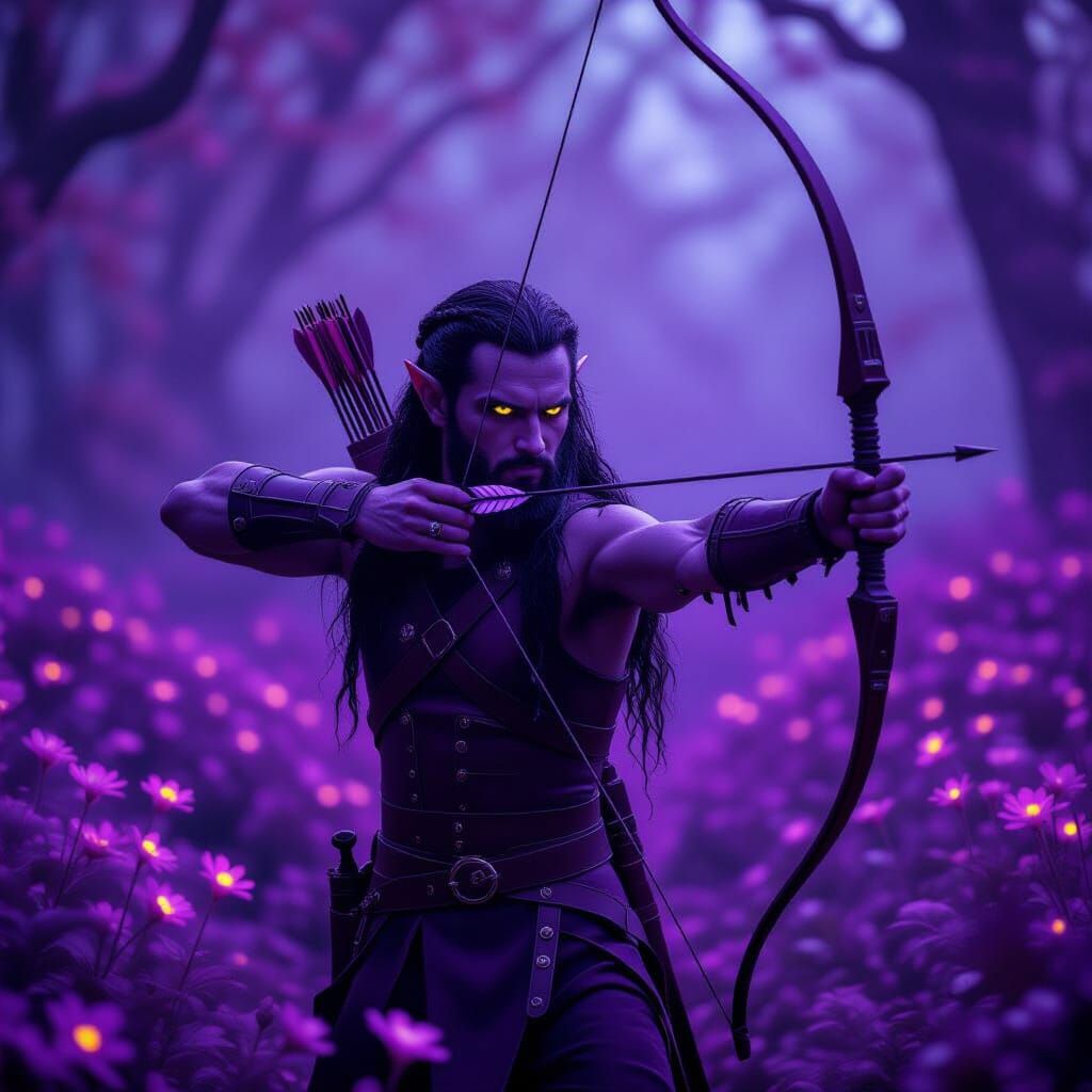 Mystical Dark Elf Archer in Fluorescent Forest