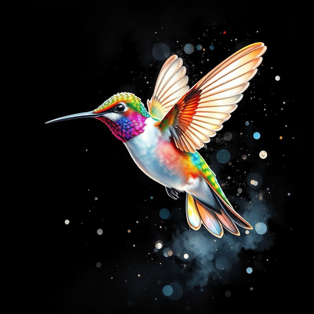 Iridescent Hummingbird in Flight: Watercolor and Ink