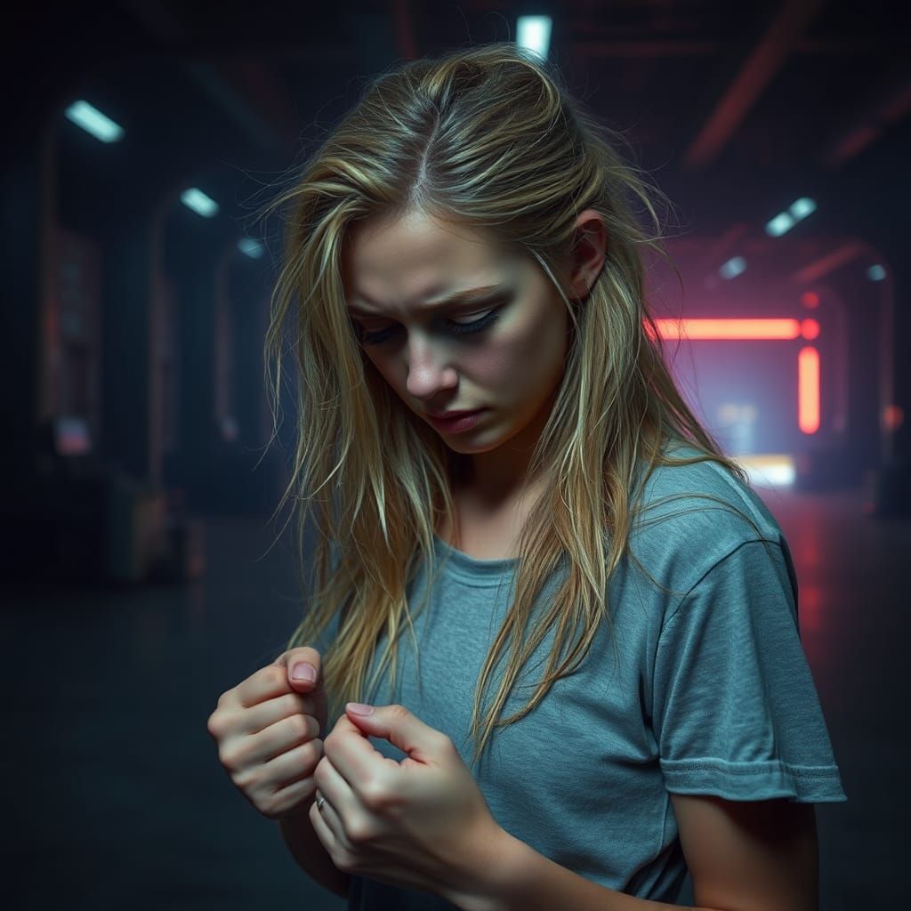 Cyberpunk Woman's Emotional Distress in Dystopian Room