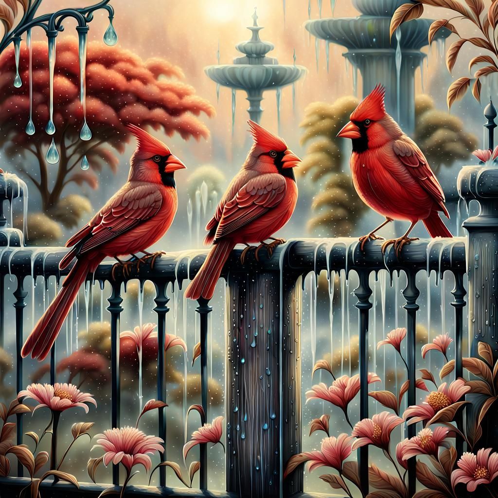 Cardinals in Ethereal Fantasy Garden, Kinkade Style