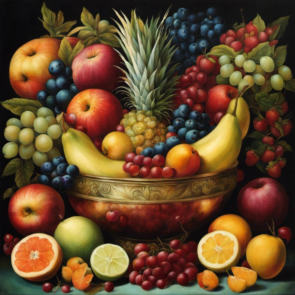 Opulent Fruit Bowl Illustration in Hyperrealistic Style