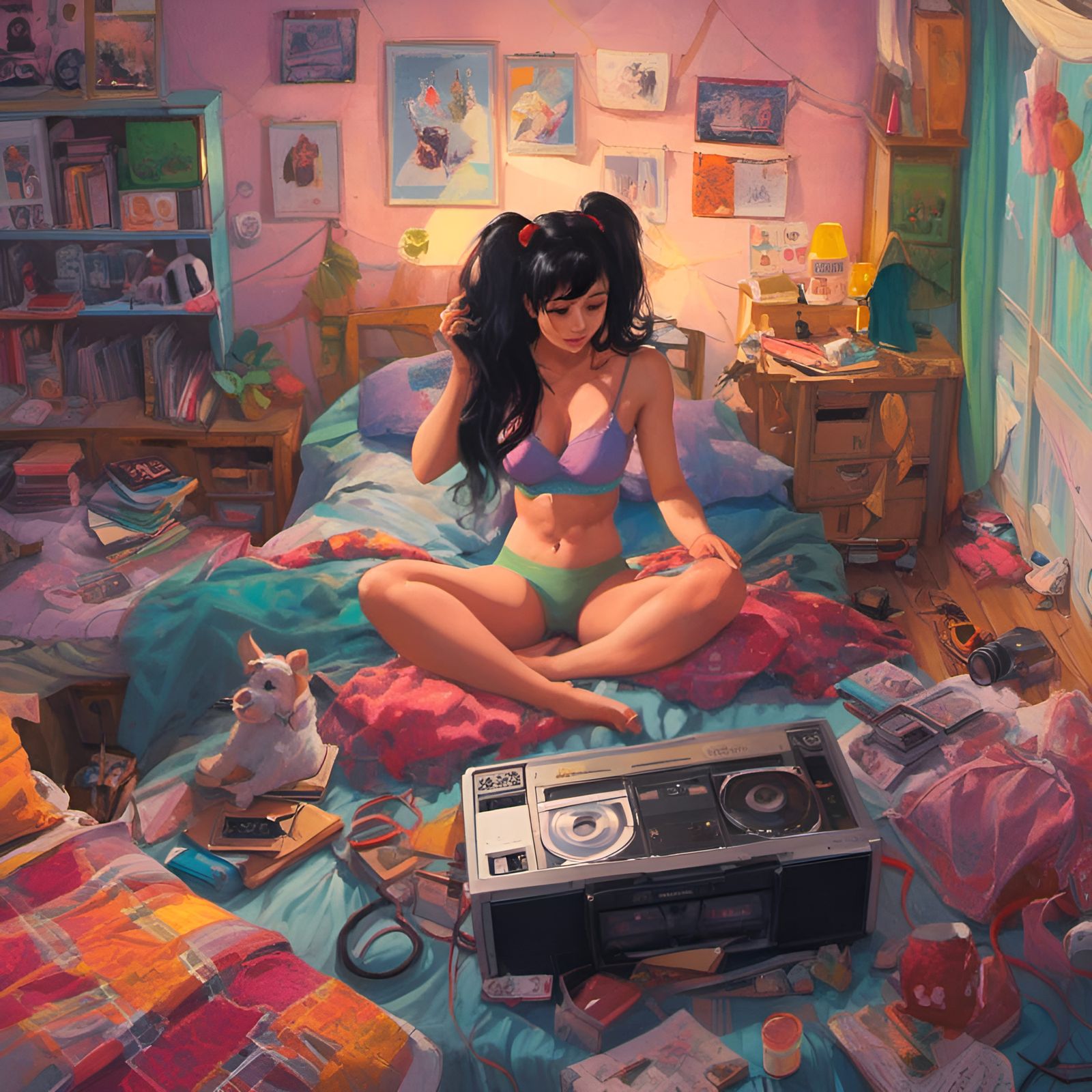 Girl Listening to CD Player in 90s Bedroom