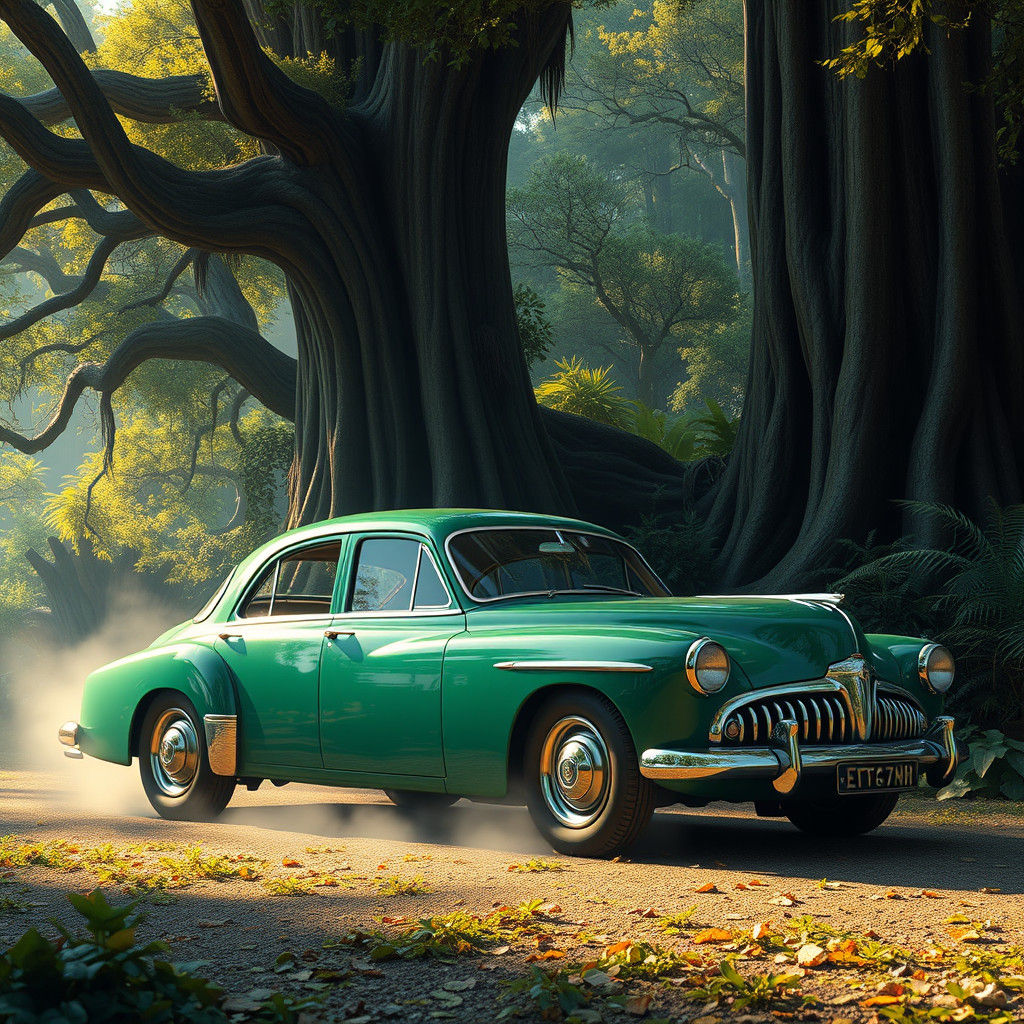 Vintage Green Sedan in Mystical Landscape