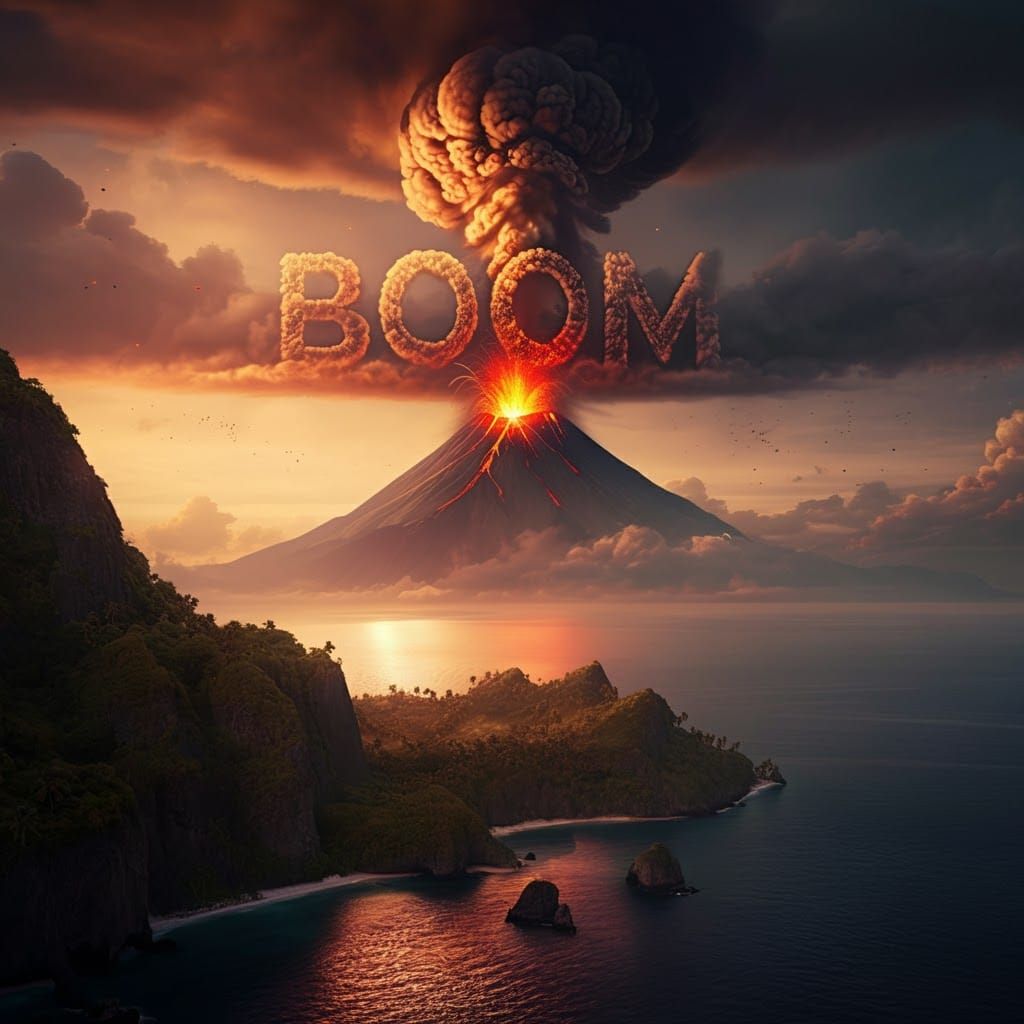 Tropical Island Volcano Eruption at Dusk