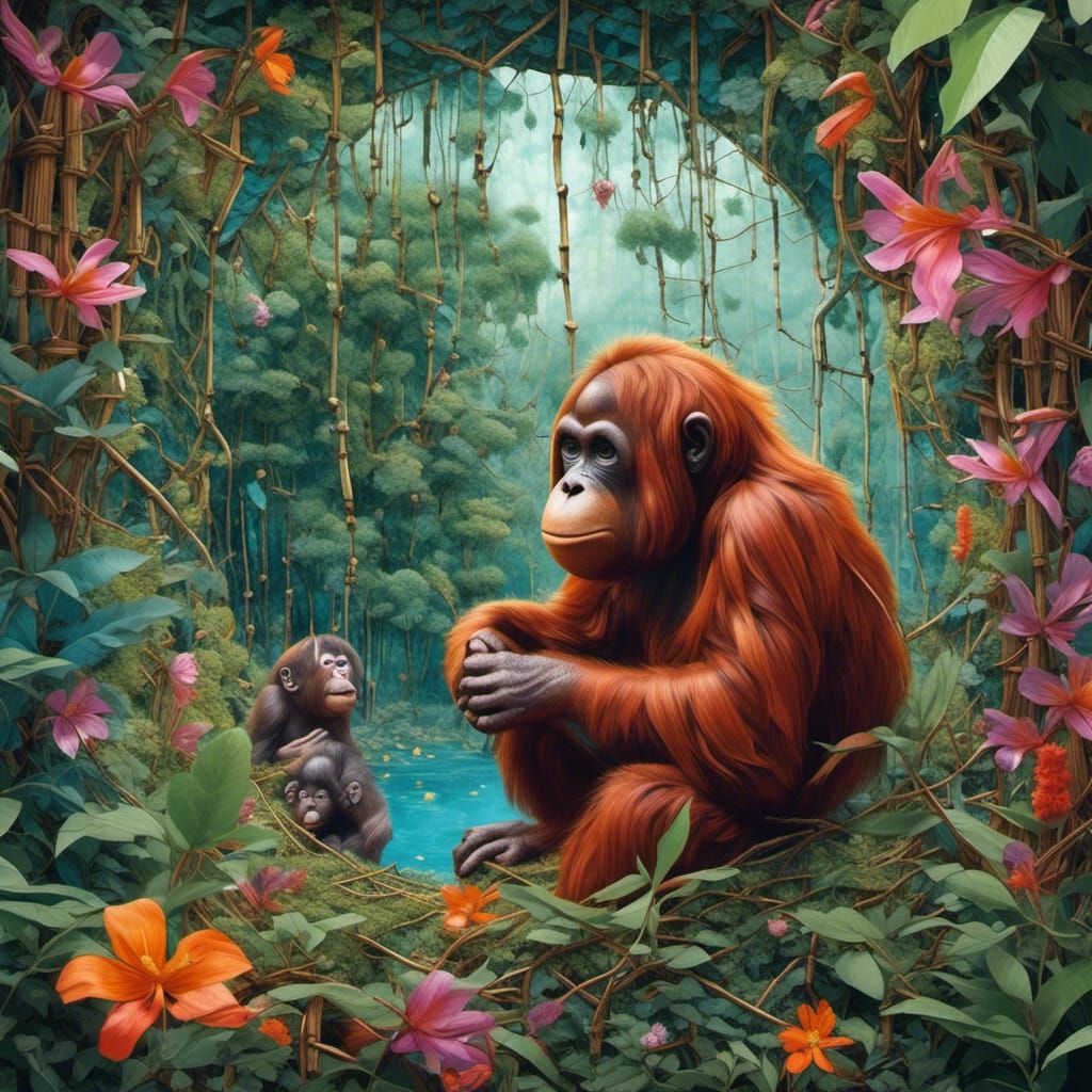 Orangutan Looking Through Glass in Jungle Home