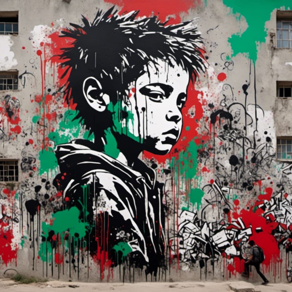 Expressive Graffiti Mural of Palestinian Boy