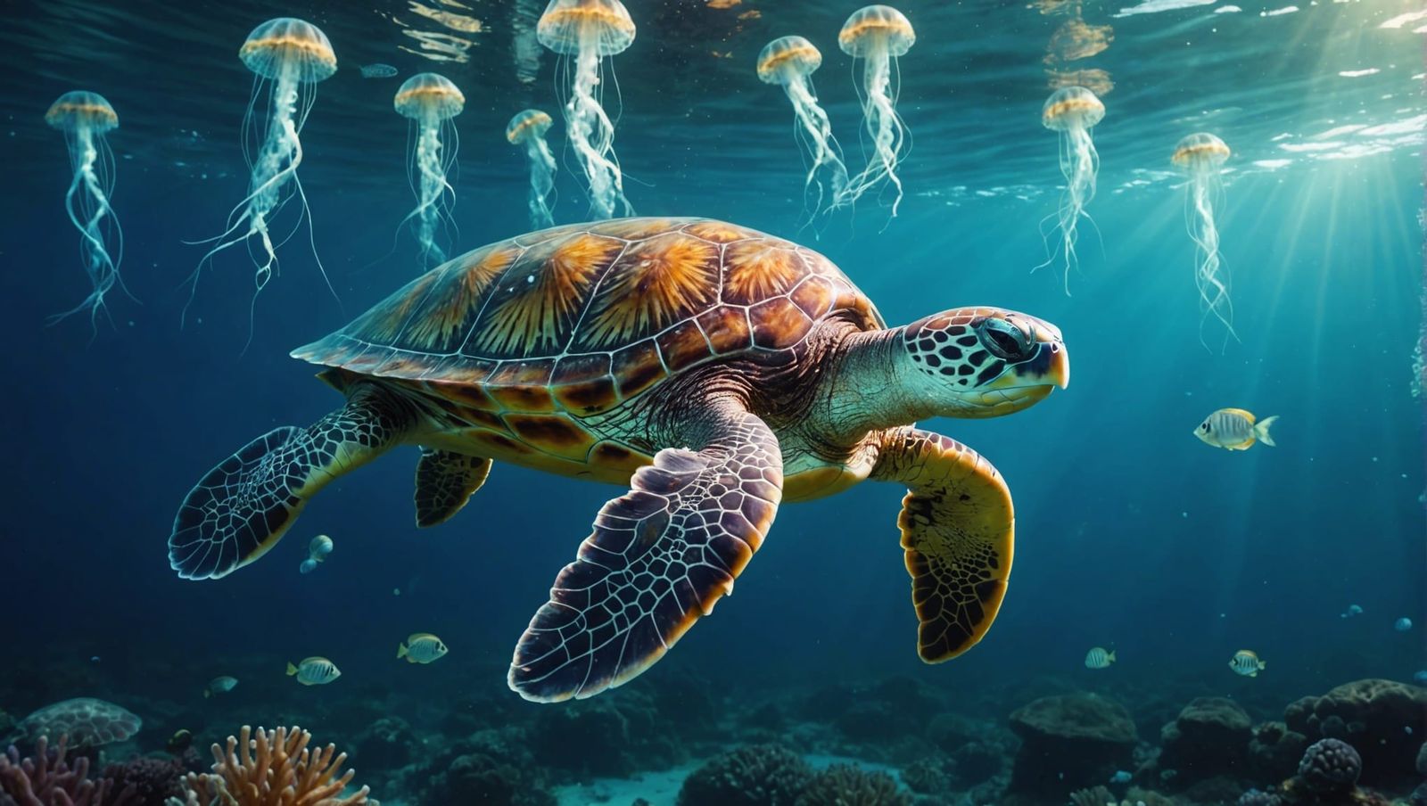 Glowing Glass Sea Turtle in Bioluminescent Ocean