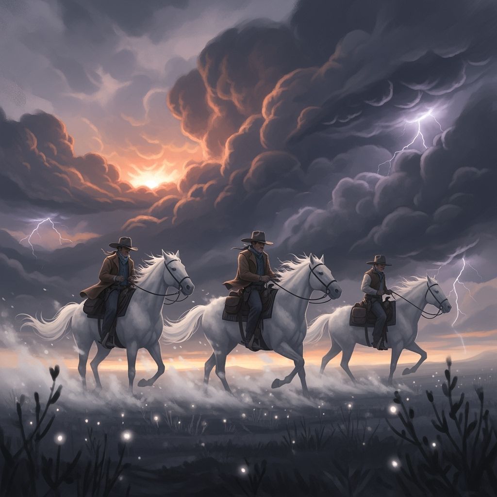 Ephemeral Cowboys Ride Cloud Horses Through Stormy Plains