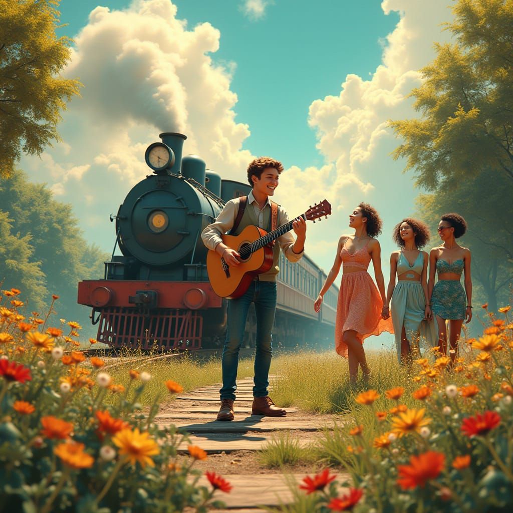 Energetic Musician on Sunny Train Platform in Vibrant Art No...