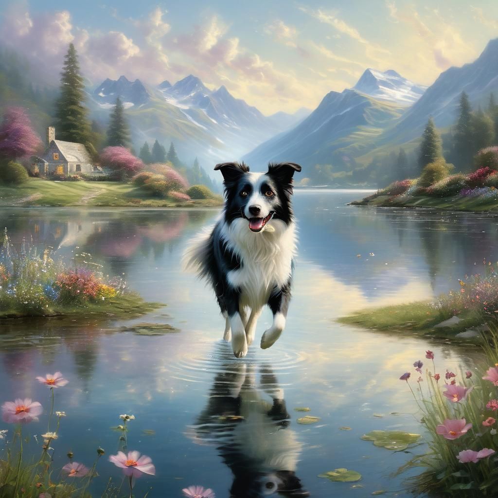 Border Collie Princess Dancing by Lake in Ethereal Style
