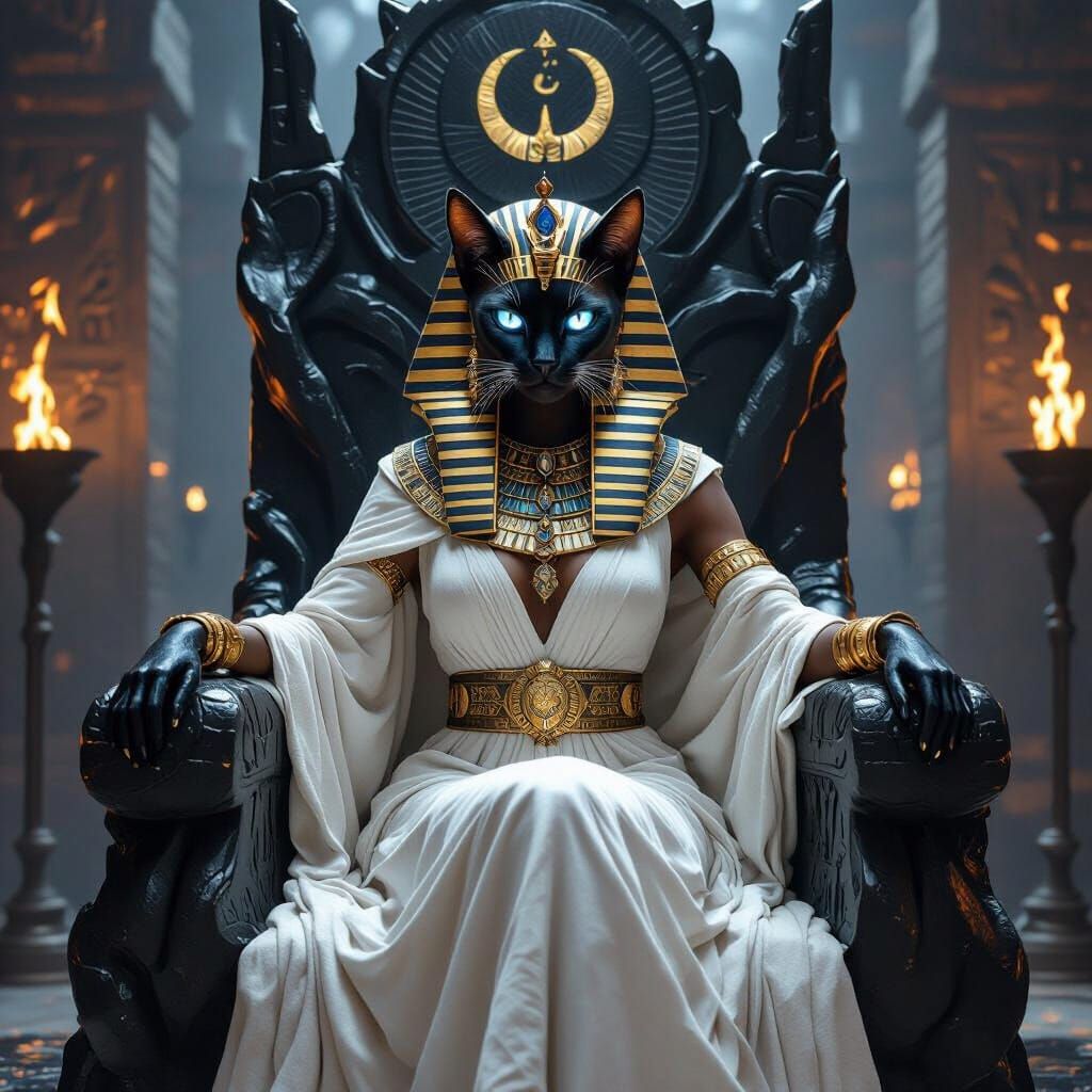 Dark Fantasy Queen on Obsidian Throne, Egyptian Siamese Styl...