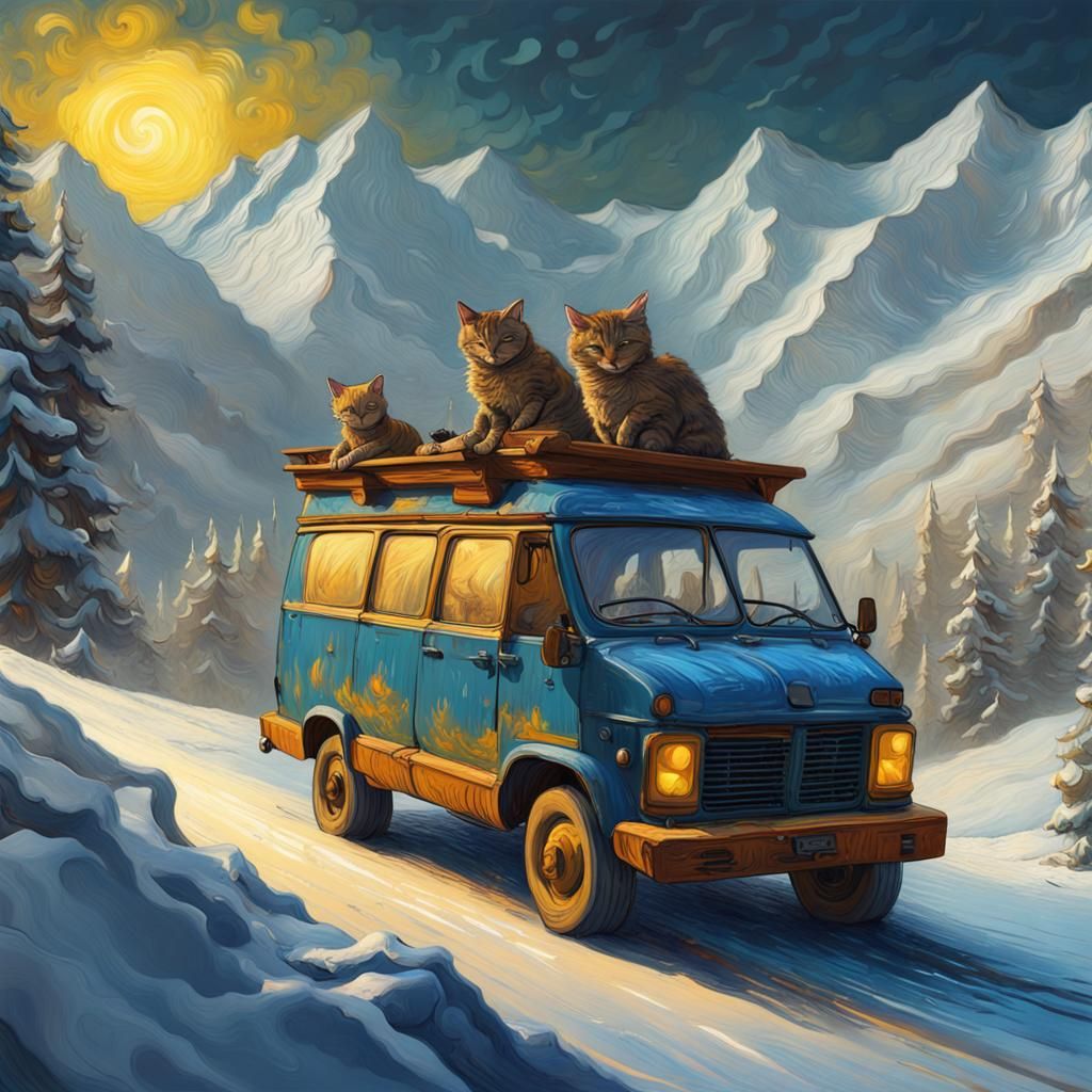 Cats Skiing: A Fantastical Art Painting