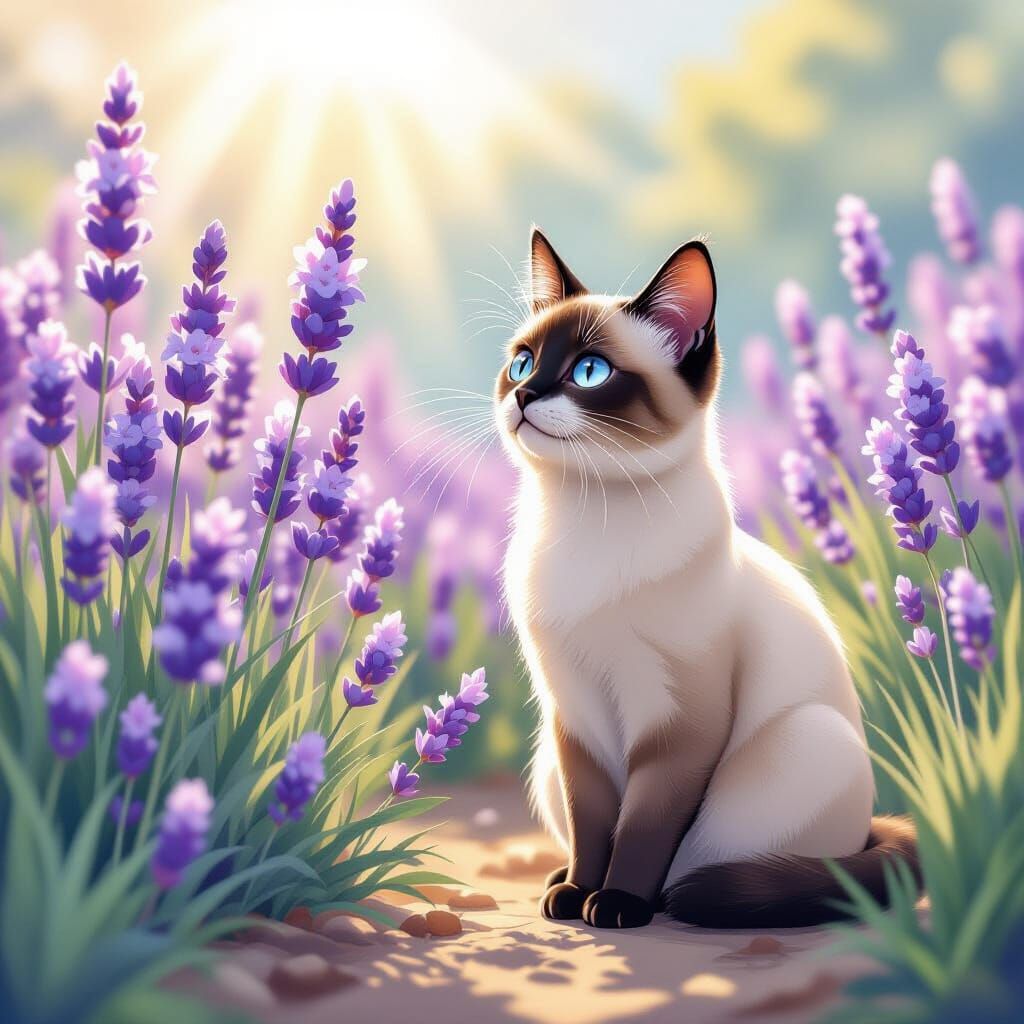 Siamese Cat and Lavender in Watercolor Anime Style