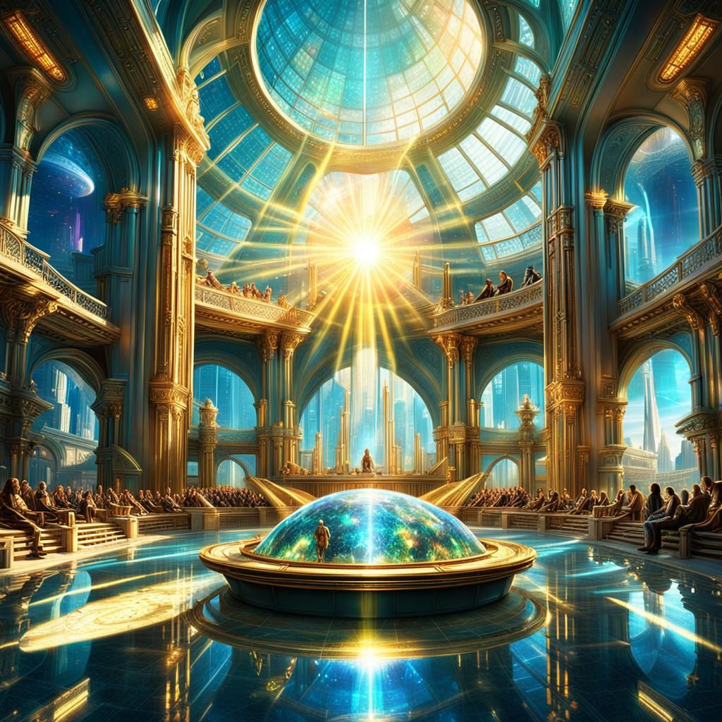 Futuristic Atlantean Council Chamber in Golden Hour
