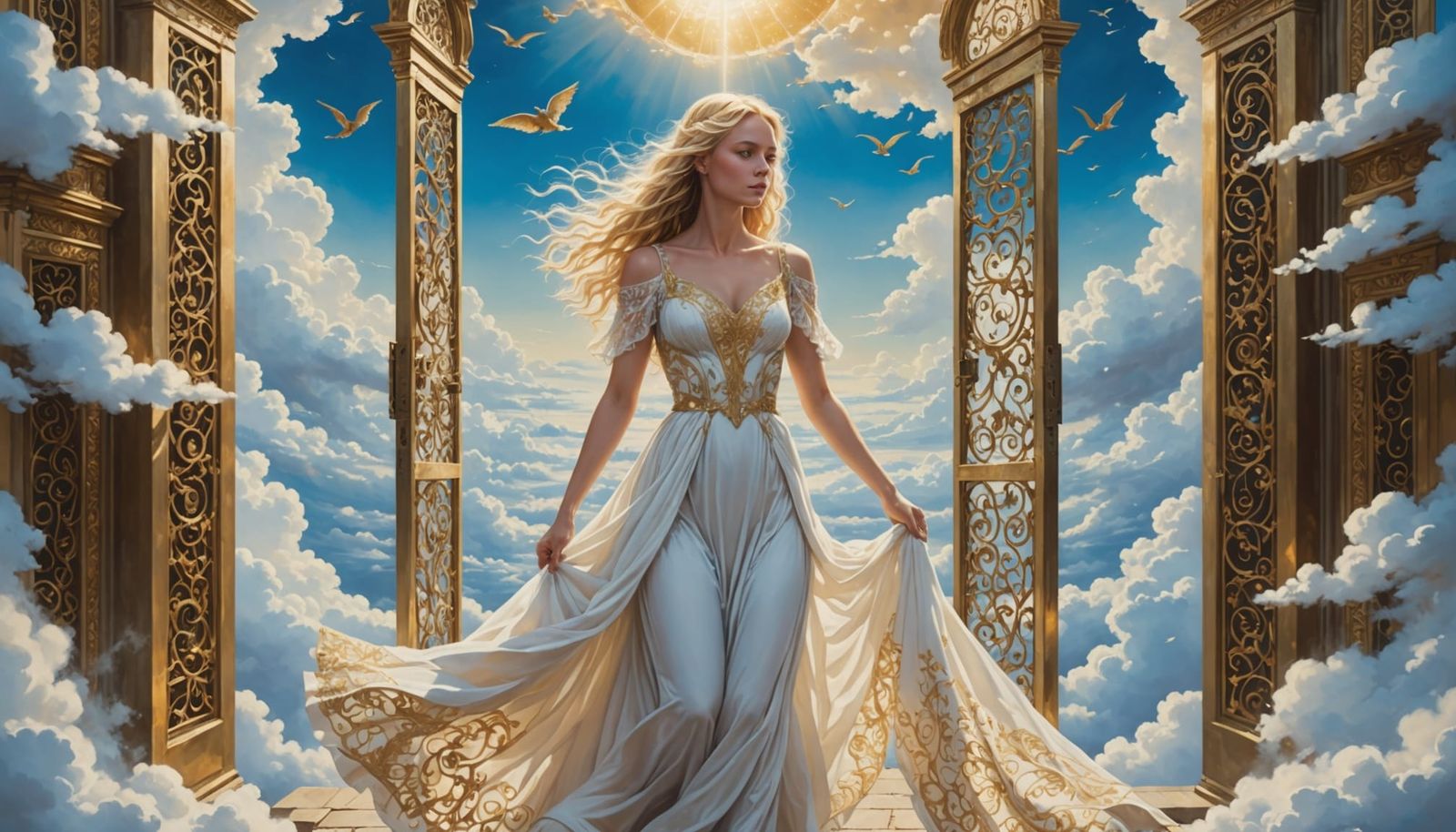 Celestial Gates of Heaven: Blonde Girl Ascends Through Cloud...