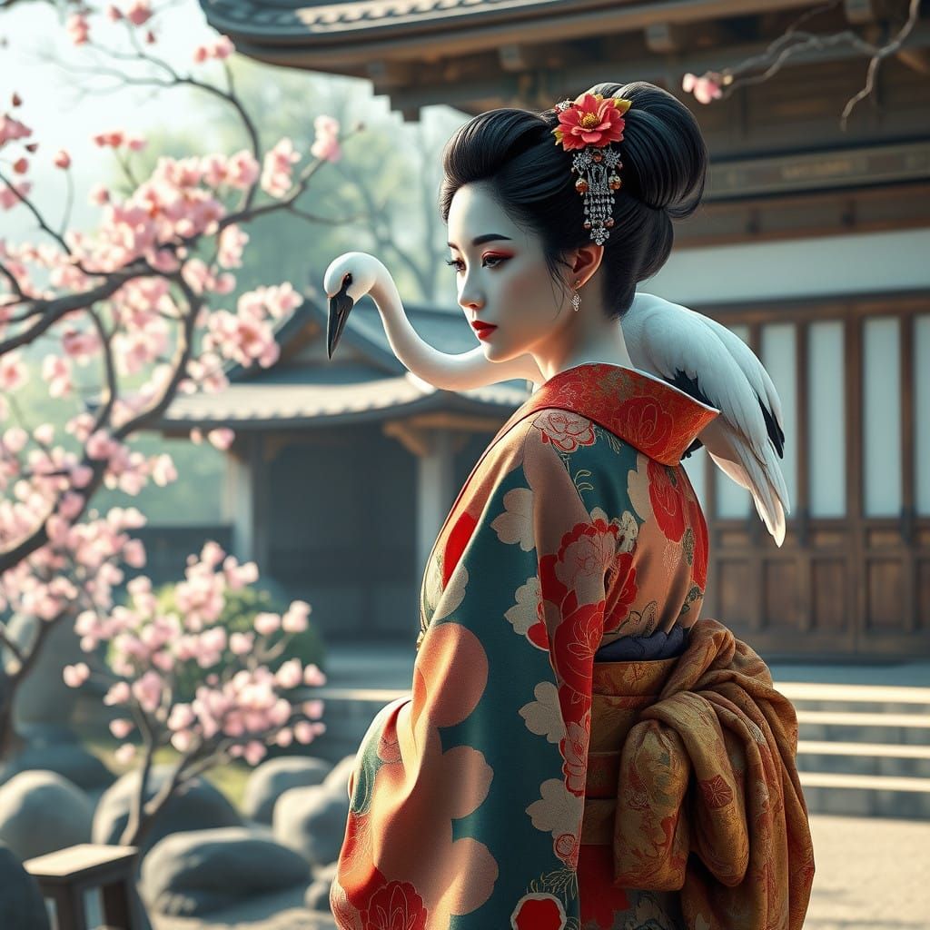 Serene Japanese Geisha in a Zen Garden with Majestic Crane