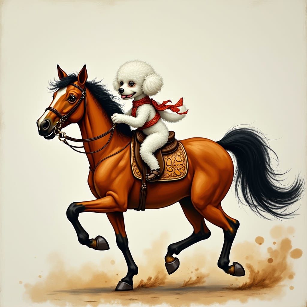 Poodle Rides Horse in Impressionist Style