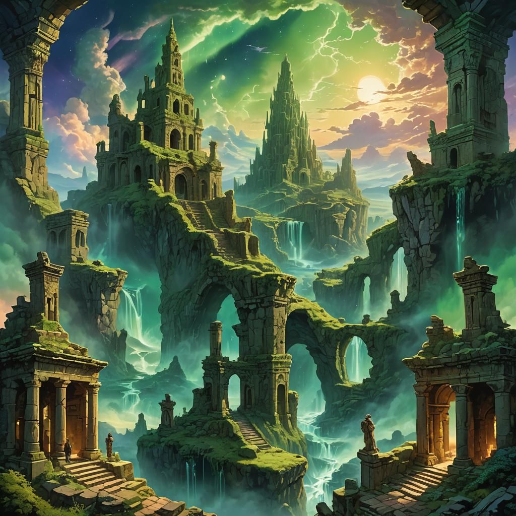 Mystical Realm with Ancient Ruins and Aurora Borealis