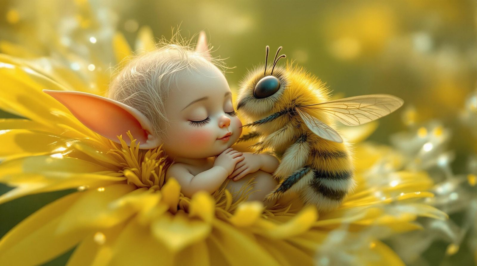 Whimsical Fantasy Scene with Dandelion and Fuzzy Creatures