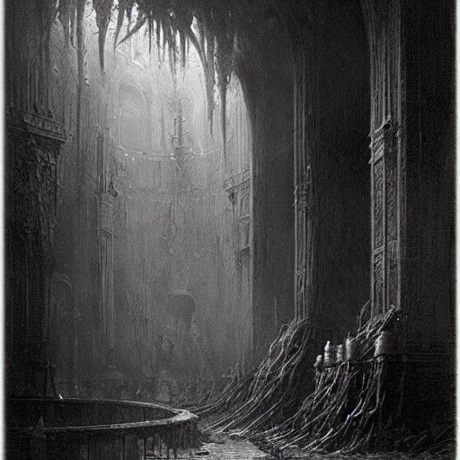 Nightmarish Horror Scene in Engraving Style