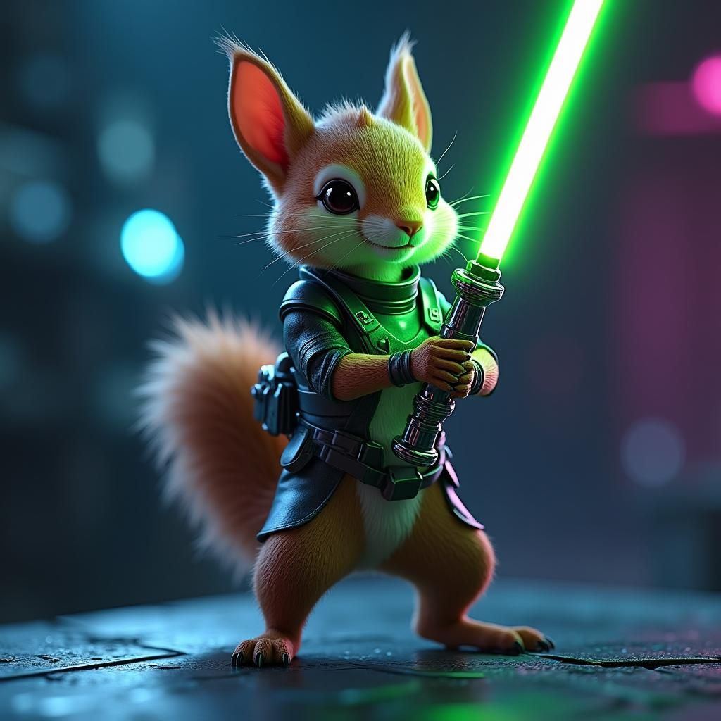 Squirrel Warrior with Lightsaber in Futuristic Exosuit