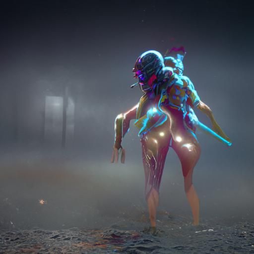 Anthropomorphic Monster Chasing Girl in Cyberpunk Style