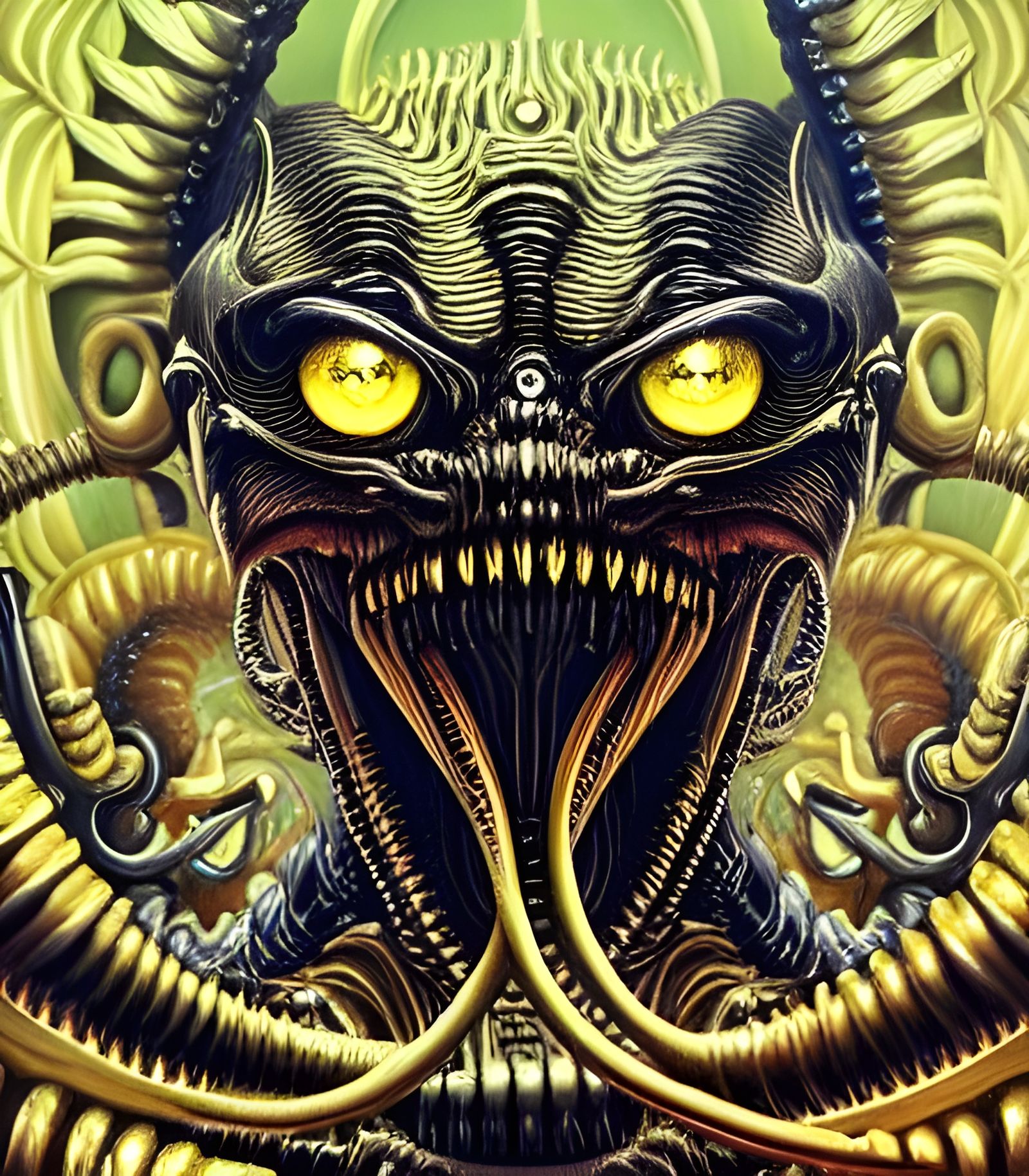 Intricate Xenomorph Painting with Yellow Eyes