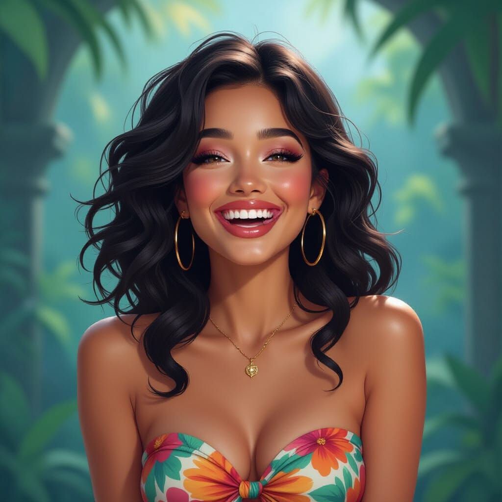 Latina Woman Laughing in Detailed Matte Painting Style