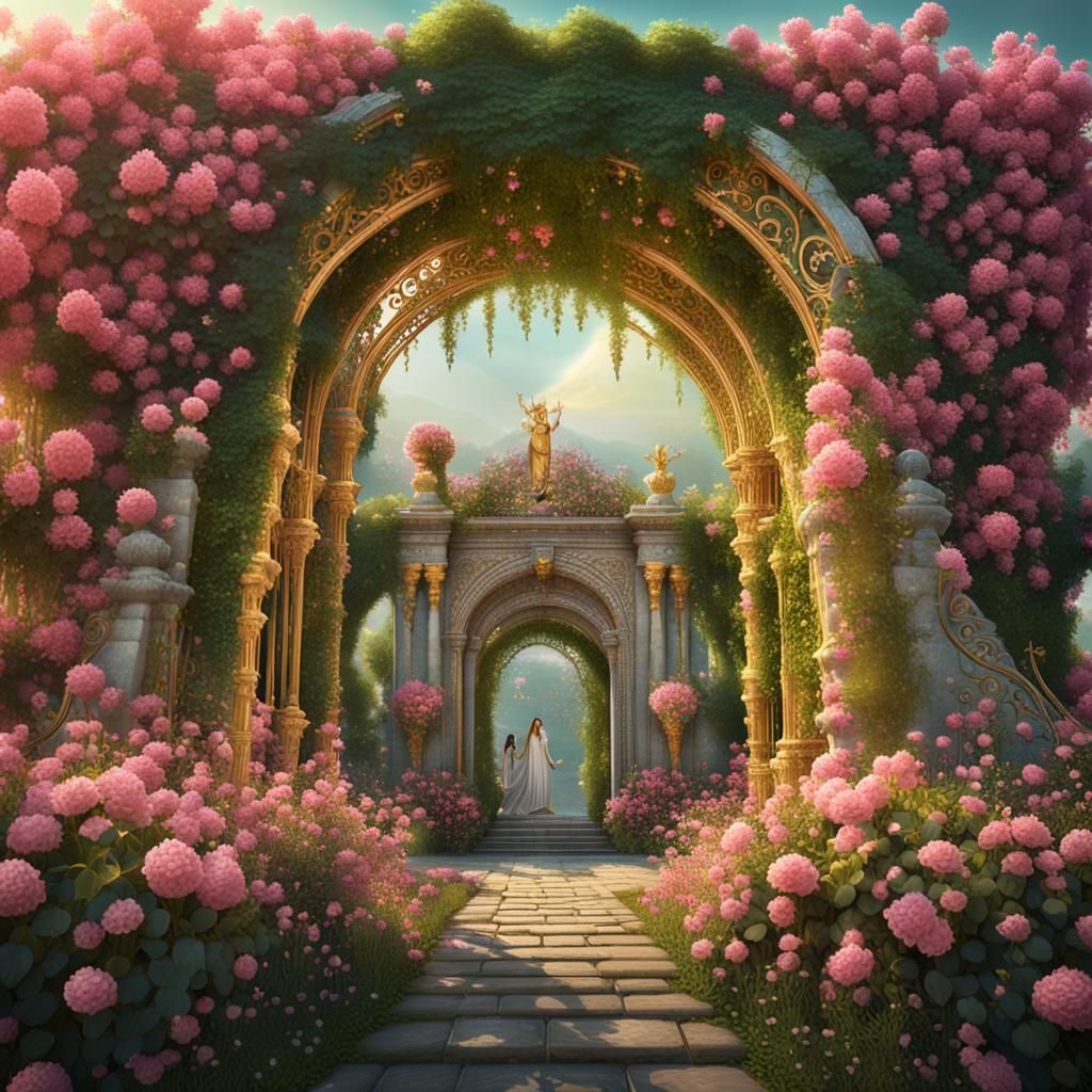 Golden Archway with Pink Flowers and Winged Statue