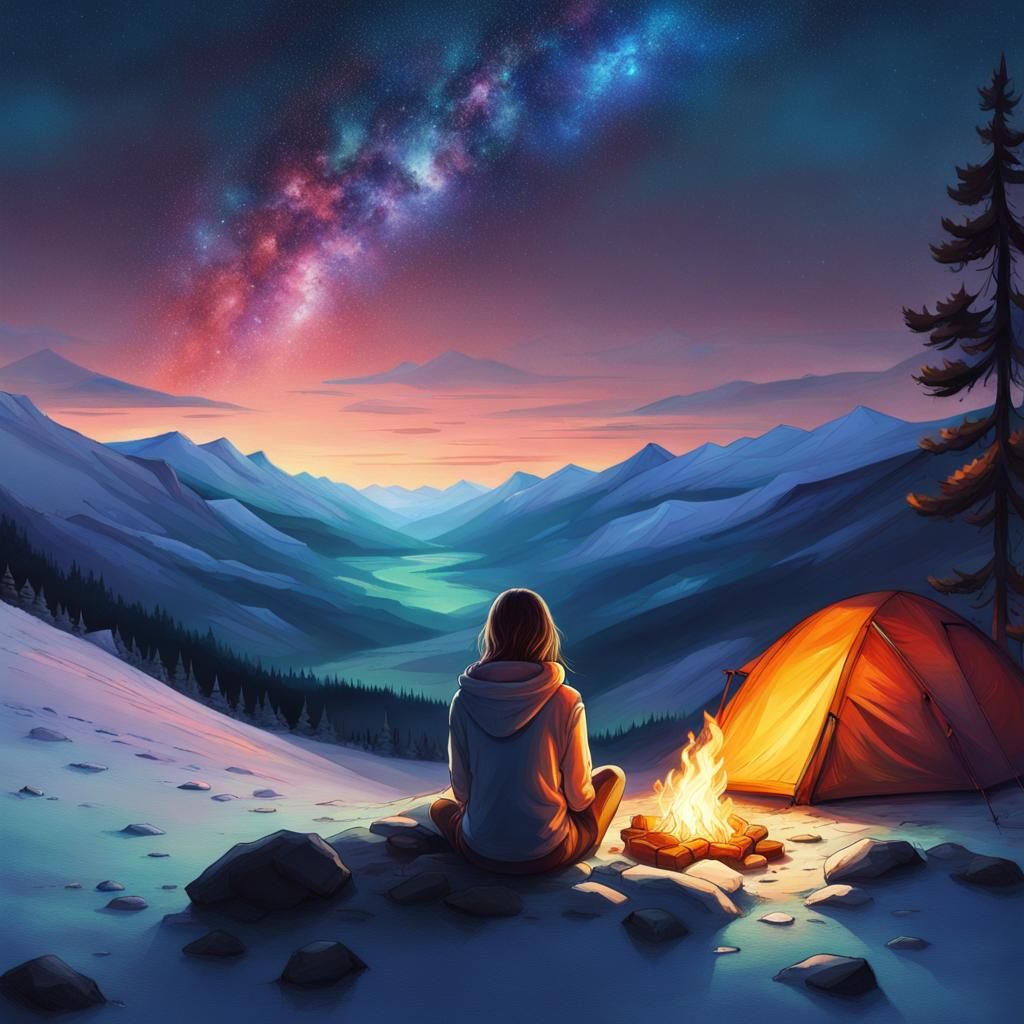 Night Campfire Under Aurora Sky: Hyperrealistic Art