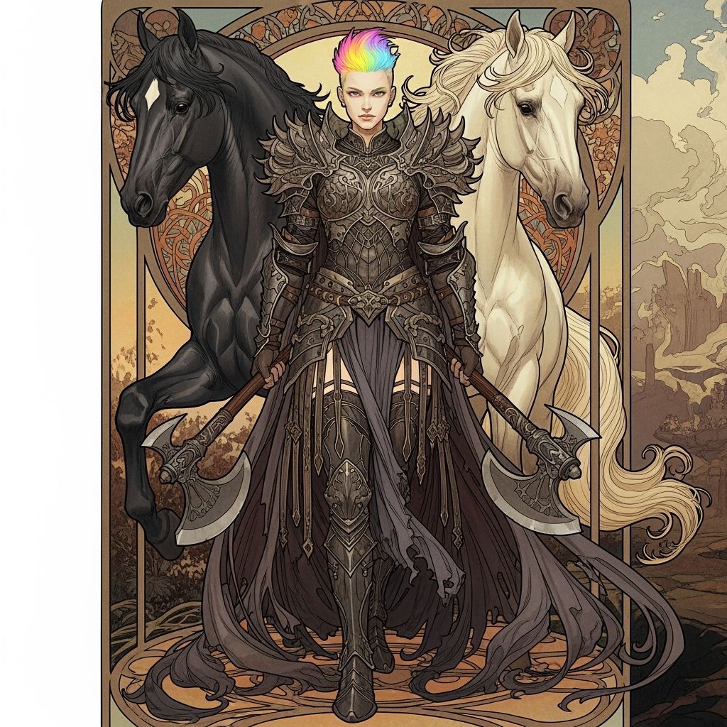 Gothic Warrior with Stallions in Art Nouveau Style