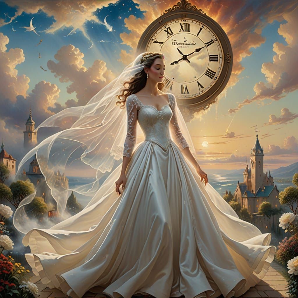 Divine Bride in Cloudy Elysium with Melting Clocks in Soft F...