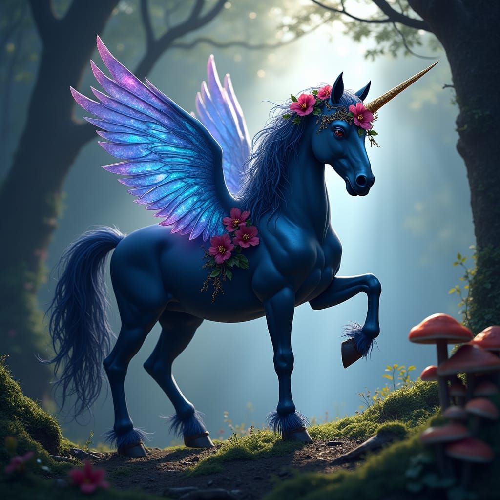 Mystical Dark Blue Unicorn in a Dreamy Forest