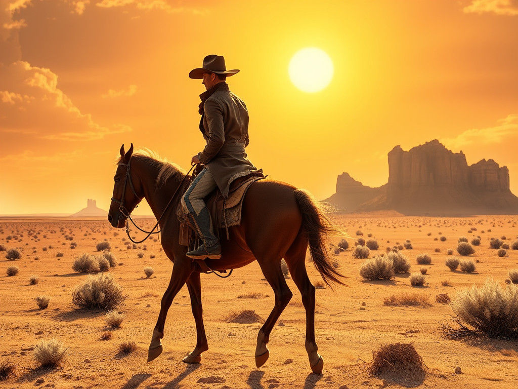 Lone Cowboy Rides Through Arid Desert Landscape